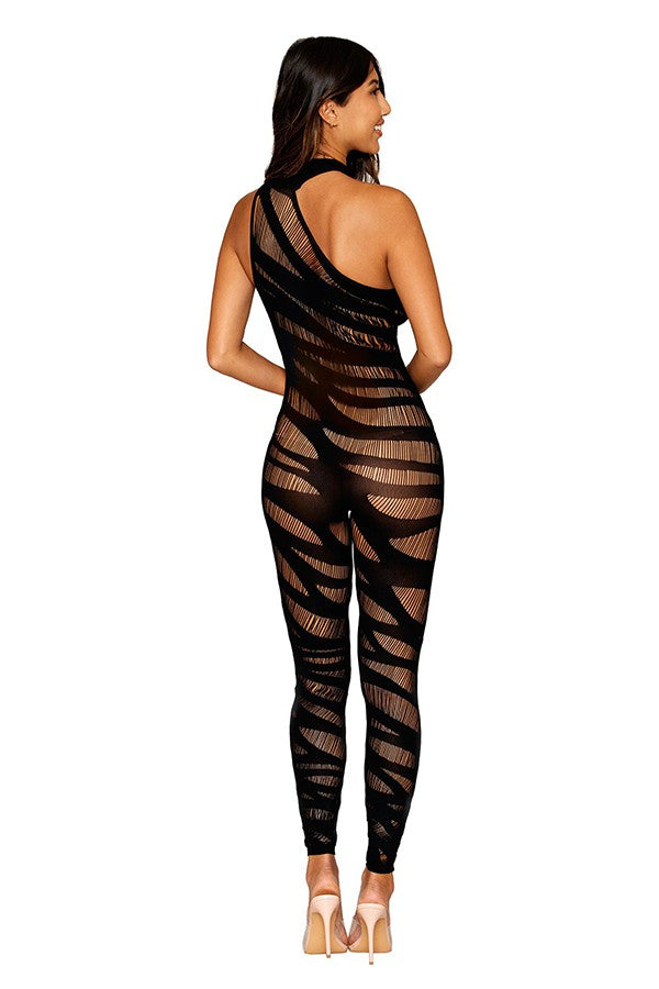 Knitted bodystocking with asymmetrical opaque design