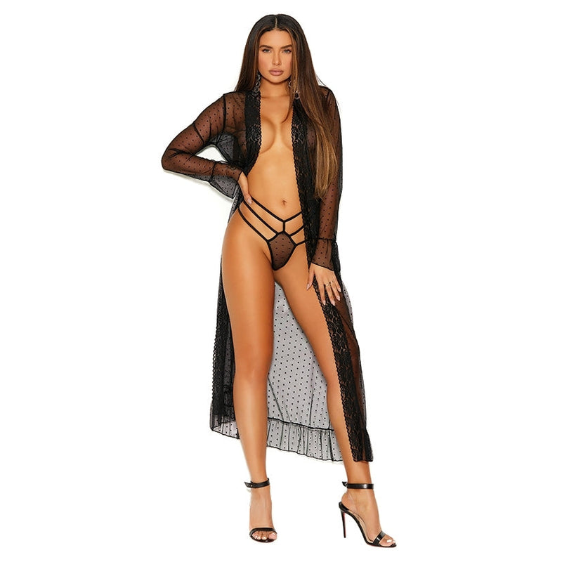 Elegant Moments Long Sleeve Dotted Mesh Robe & Panty-Black 3X-Hanging