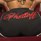 Ghettoff black spandex shorts w/ white trim and red writing