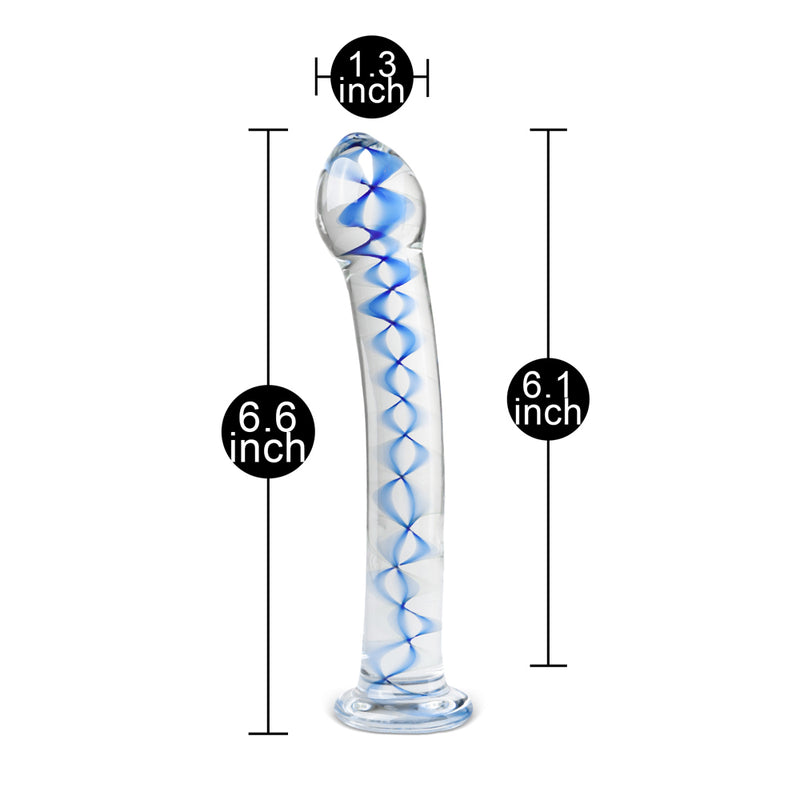 CLEAR GLASS DILDO WITH BLUE PATTERN AND PENIS HEAD TIP