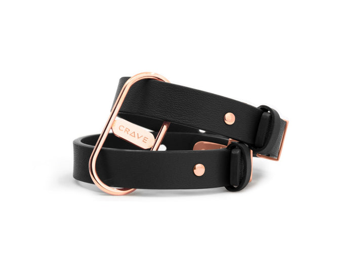 CRAVE ICON CUFFS (BLACK LEATHER & ROSE GOLD)