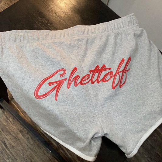 Ghettoff gray shorts w/ white trim and red writing