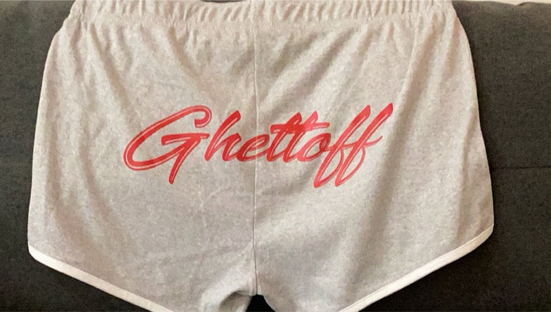 Ghettoff gray shorts w/ white trim and red writing