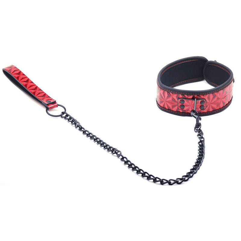 Bondage Collar with Chain Lead in Red Embossed