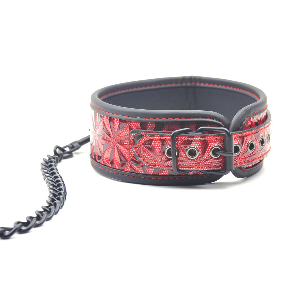 Bondage Collar with Chain Lead in Red Embossed