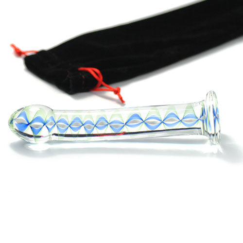 CLEAR GLASS DILDO WITH BLUE PATTERN AND PENIS HEAD TIP